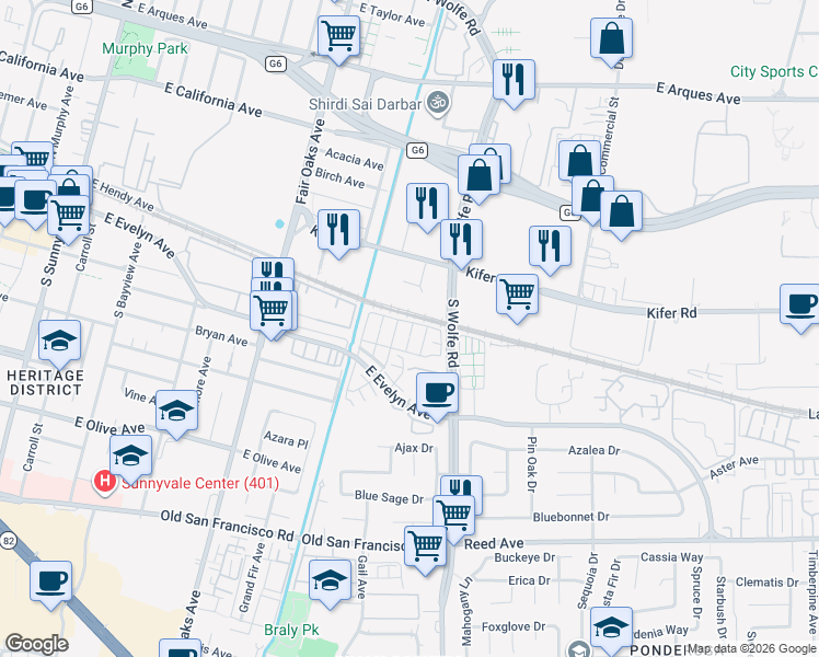 map of restaurants, bars, coffee shops, grocery stores, and more near 107 Lemmon Terrace in Sunnyvale