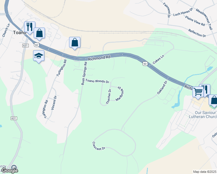map of restaurants, bars, coffee shops, grocery stores, and more near 7685 Thacher Drive in Toano