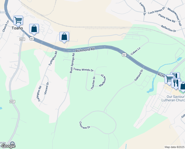 map of restaurants, bars, coffee shops, grocery stores, and more near 7685 Thacher Drive in Toano