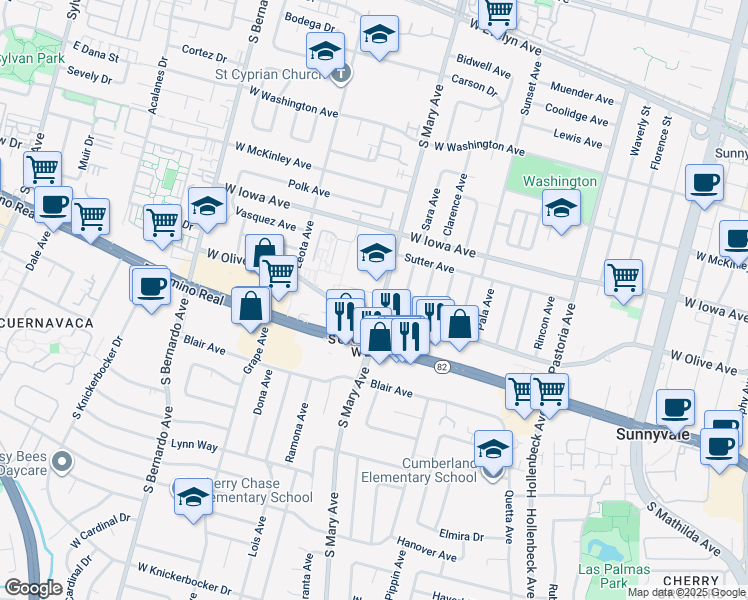 map of restaurants, bars, coffee shops, grocery stores, and more near 1055 Valencia Avenue in Sunnyvale