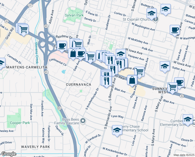 map of restaurants, bars, coffee shops, grocery stores, and more near 1031 Crestview Drive in Mountain View