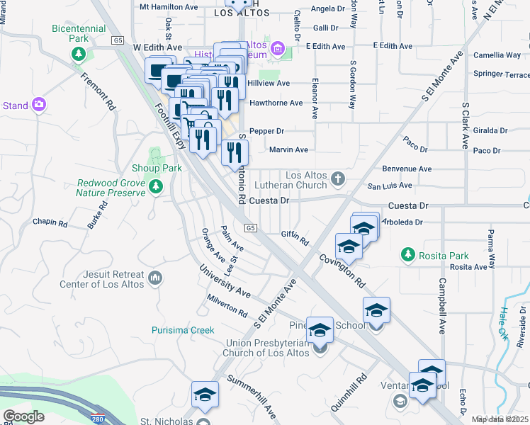 map of restaurants, bars, coffee shops, grocery stores, and more near 43 Cuesta Drive in Los Altos