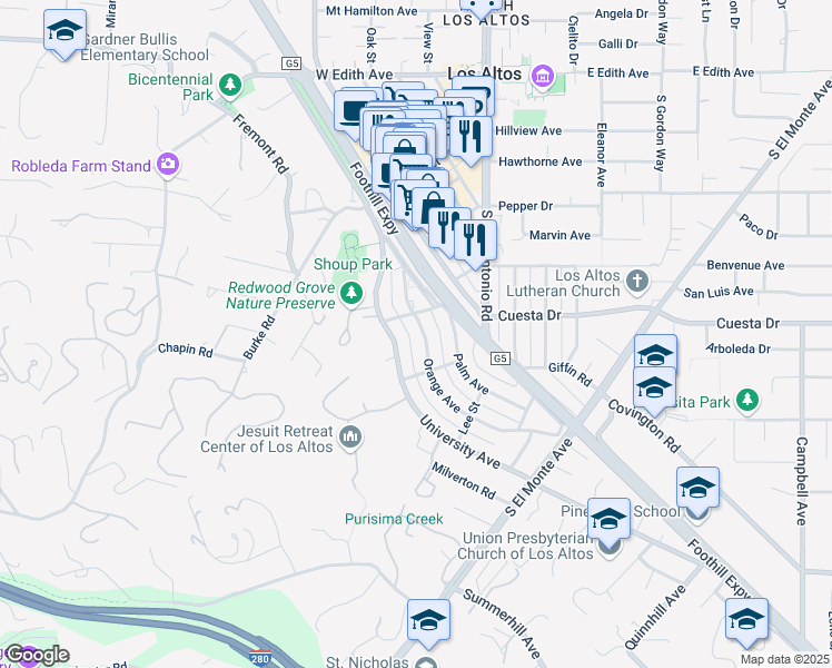 map of restaurants, bars, coffee shops, grocery stores, and more near 511 Orange Avenue in Los Altos