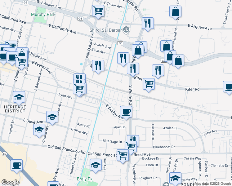 map of restaurants, bars, coffee shops, grocery stores, and more near 105 Ivory Palm Terrace in Sunnyvale