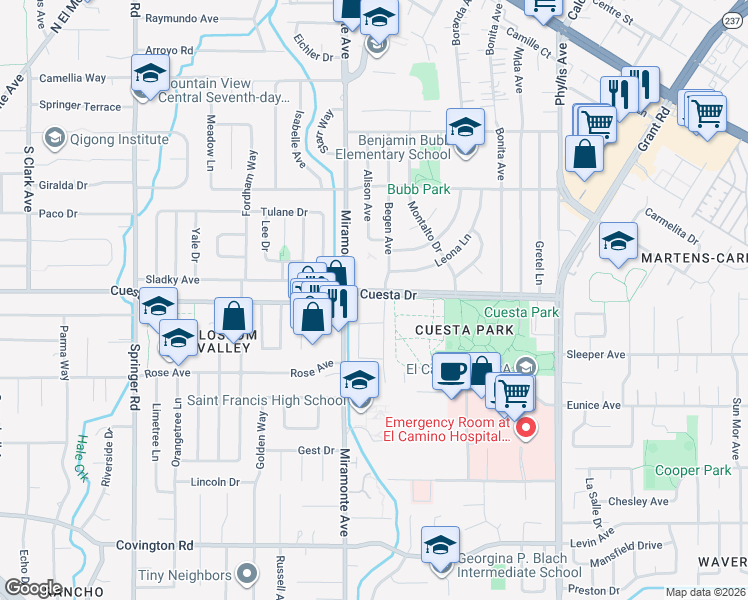 map of restaurants, bars, coffee shops, grocery stores, and more near 763 Cuesta Drive in Mountain View