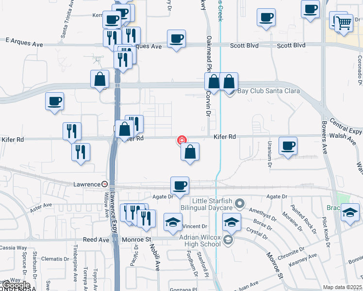 map of restaurants, bars, coffee shops, grocery stores, and more near 1286 Kifer Road in Sunnyvale