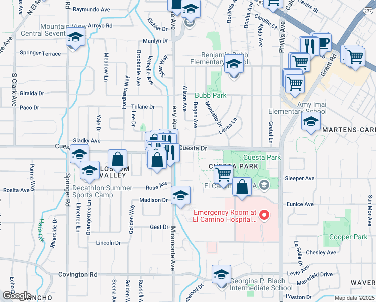 map of restaurants, bars, coffee shops, grocery stores, and more near 763 Cuesta Drive in Mountain View