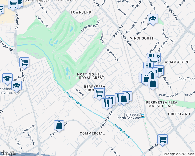 map of restaurants, bars, coffee shops, grocery stores, and more near 1327 Legend Lane in San Jose
