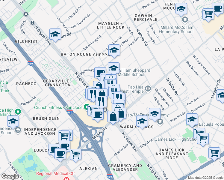 map of restaurants, bars, coffee shops, grocery stores, and more near 408 North Capitol Avenue in San Jose