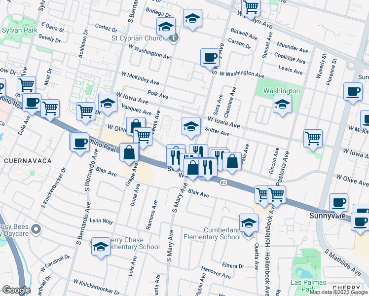 map of restaurants, bars, coffee shops, grocery stores, and more near 1055 Valencia Avenue in Sunnyvale