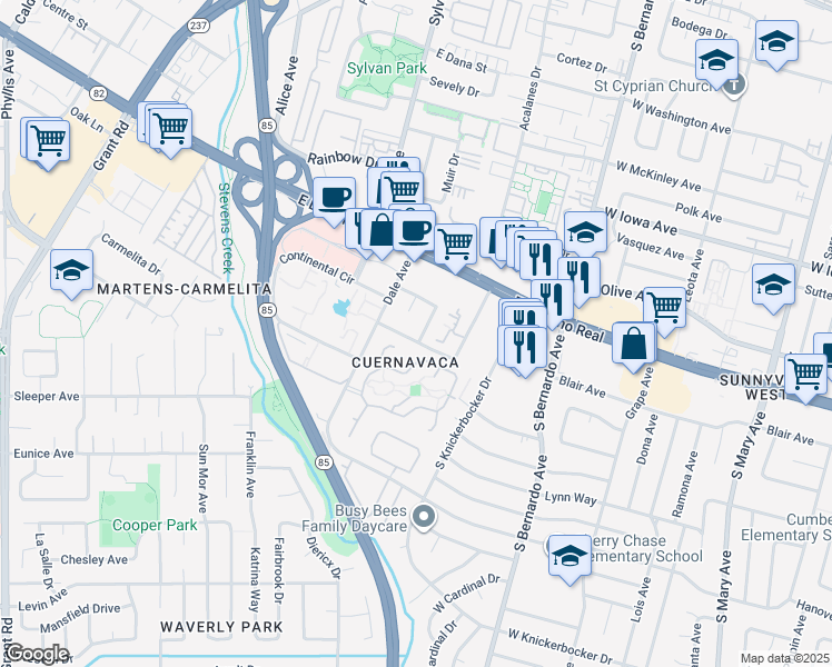 map of restaurants, bars, coffee shops, grocery stores, and more near 1042 Golf Court in Mountain View