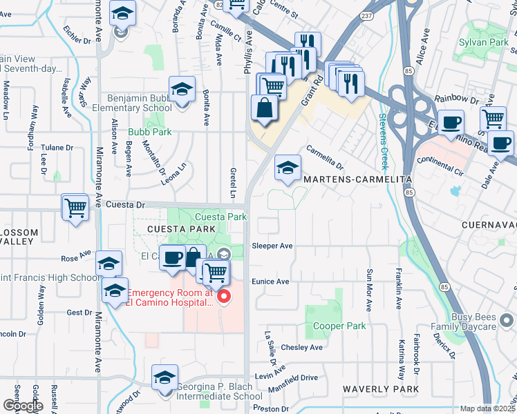 map of restaurants, bars, coffee shops, grocery stores, and more near 1831 Grant Road in Mountain View