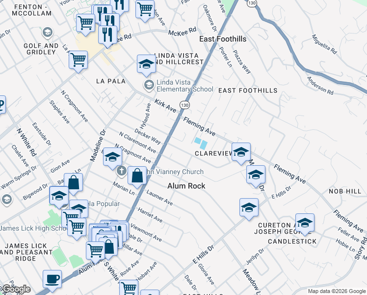 map of restaurants, bars, coffee shops, grocery stores, and more near 58 Clareview Avenue in San Jose