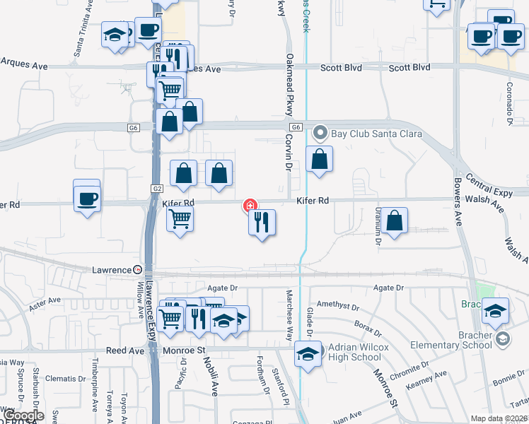 map of restaurants, bars, coffee shops, grocery stores, and more near 1312 Kifer Road in Sunnyvale