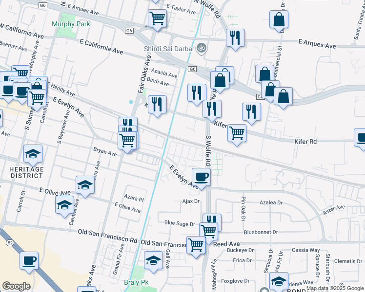 map of restaurants, bars, coffee shops, grocery stores, and more near 105 Ivory Palm Terrace in Sunnyvale