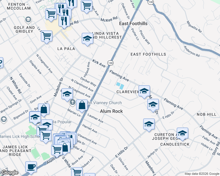 map of restaurants, bars, coffee shops, grocery stores, and more near 58 Clareview Avenue in San Jose