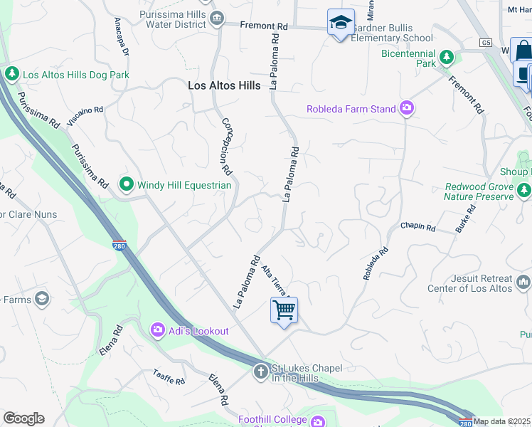 map of restaurants, bars, coffee shops, grocery stores, and more near 25870 Westwind Way in Los Altos Hills