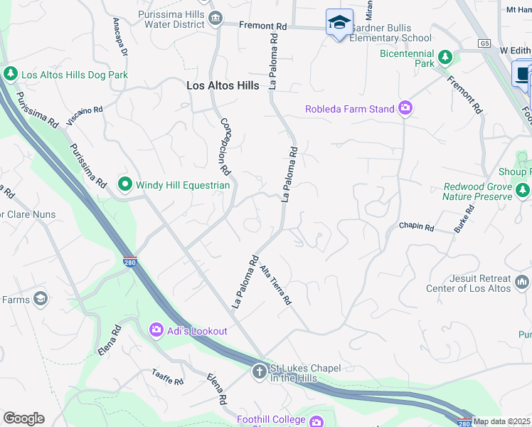 map of restaurants, bars, coffee shops, grocery stores, and more near 25870 Westwind Way in Los Altos Hills