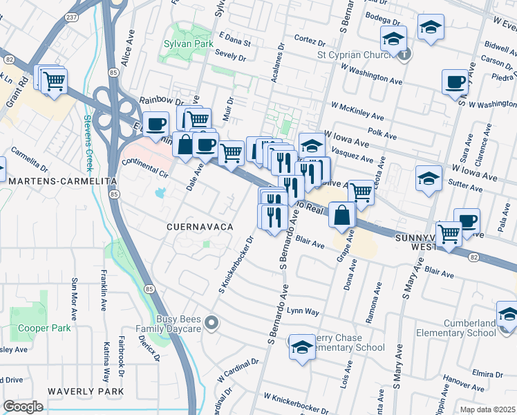 map of restaurants, bars, coffee shops, grocery stores, and more near 633 South Knickerbocker Drive in Sunnyvale