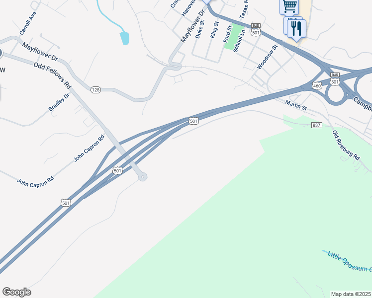map of restaurants, bars, coffee shops, grocery stores, and more near 400 Top Ridge Road in Lynchburg