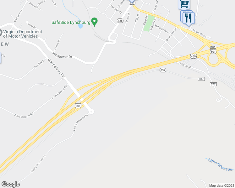 map of restaurants, bars, coffee shops, grocery stores, and more near 400 Top Ridge Road in Lynchburg