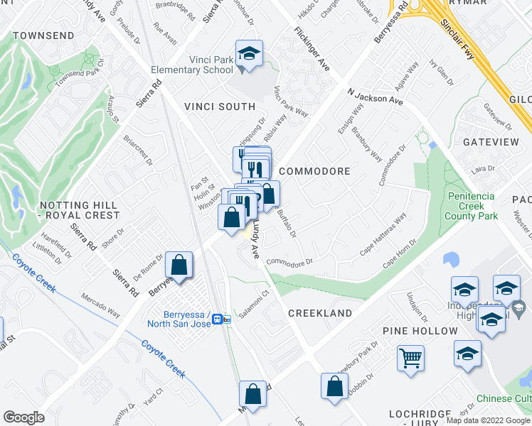map of restaurants, bars, coffee shops, grocery stores, and more near 981 Cape Buffalo Drive in San Jose