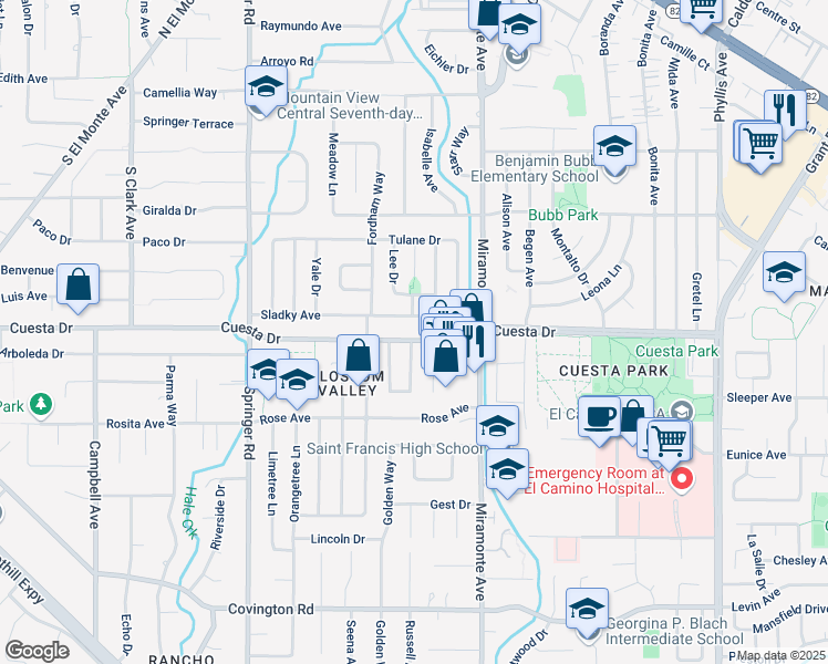 map of restaurants, bars, coffee shops, grocery stores, and more near 861 Sladky Avenue in Mountain View