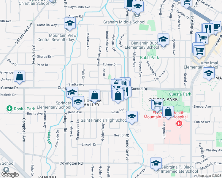 map of restaurants, bars, coffee shops, grocery stores, and more near 858 Cuesta Drive in Mountain View
