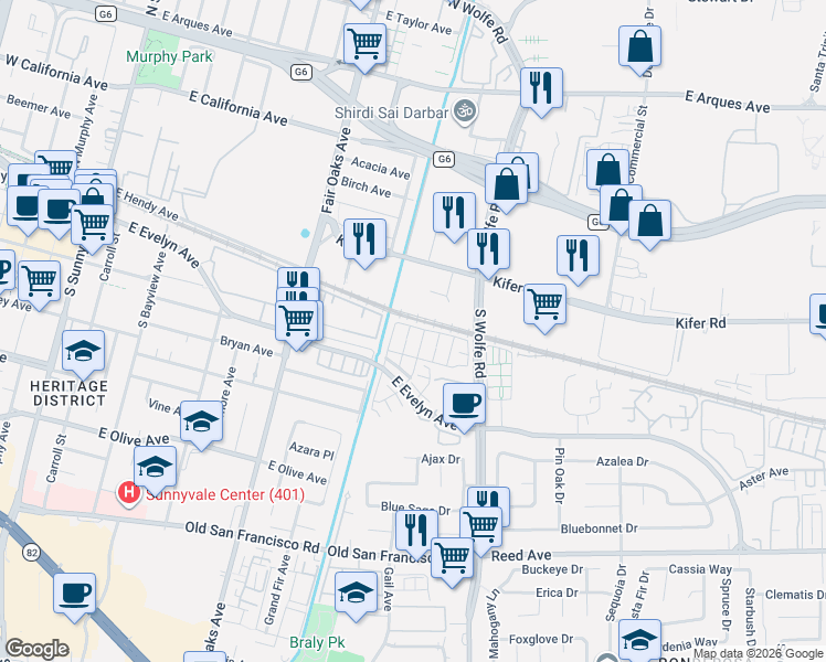 map of restaurants, bars, coffee shops, grocery stores, and more near 105 Ivory Palm Terrace in Sunnyvale