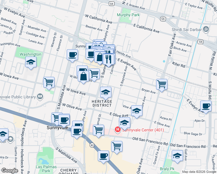 map of restaurants, bars, coffee shops, grocery stores, and more near 300 Saturn Terrace in Sunnyvale