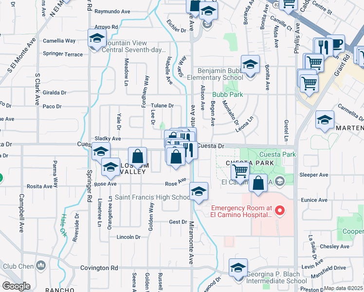 map of restaurants, bars, coffee shops, grocery stores, and more near 817 Sladky Avenue in Mountain View