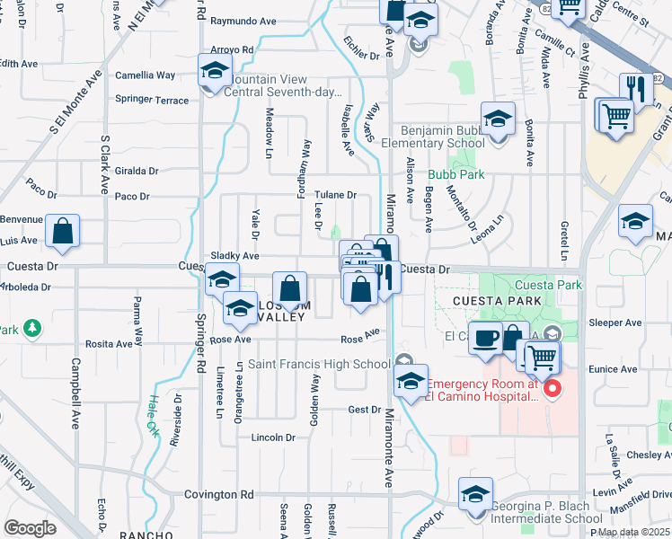 map of restaurants, bars, coffee shops, grocery stores, and more near 861 Sladky Avenue in Mountain View