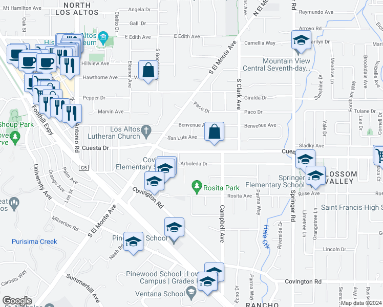 map of restaurants, bars, coffee shops, grocery stores, and more near 395 Cuesta Drive in Los Altos