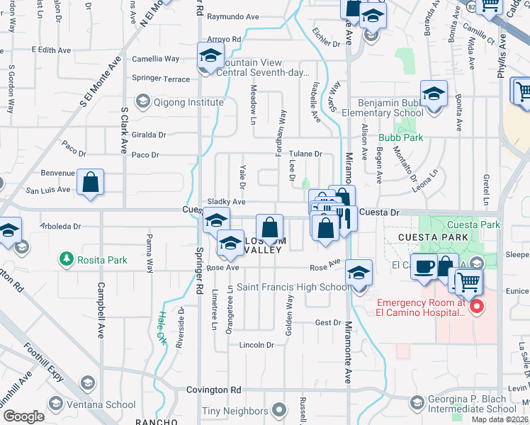 map of restaurants, bars, coffee shops, grocery stores, and more near 1055 Sladky Avenue in Mountain View