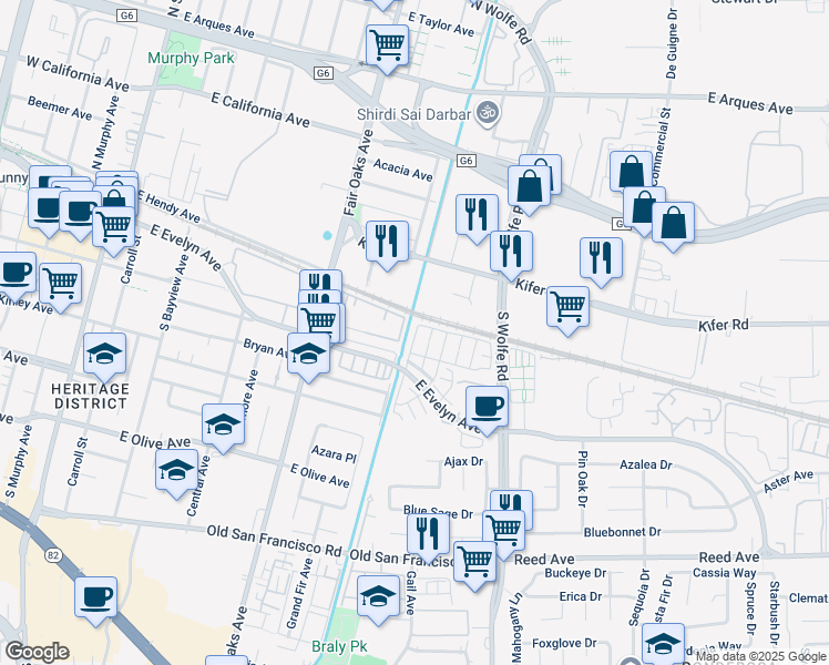 map of restaurants, bars, coffee shops, grocery stores, and more near 138 Hornbeam Terrace in Sunnyvale