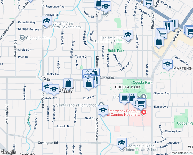 map of restaurants, bars, coffee shops, grocery stores, and more near Golf Court in Mountain View