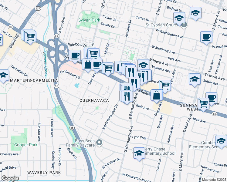 map of restaurants, bars, coffee shops, grocery stores, and more near 1031 Crestview Drive in Los Altos