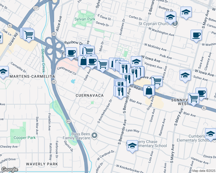 map of restaurants, bars, coffee shops, grocery stores, and more near 1031 Crestview Drive in Mountain View
