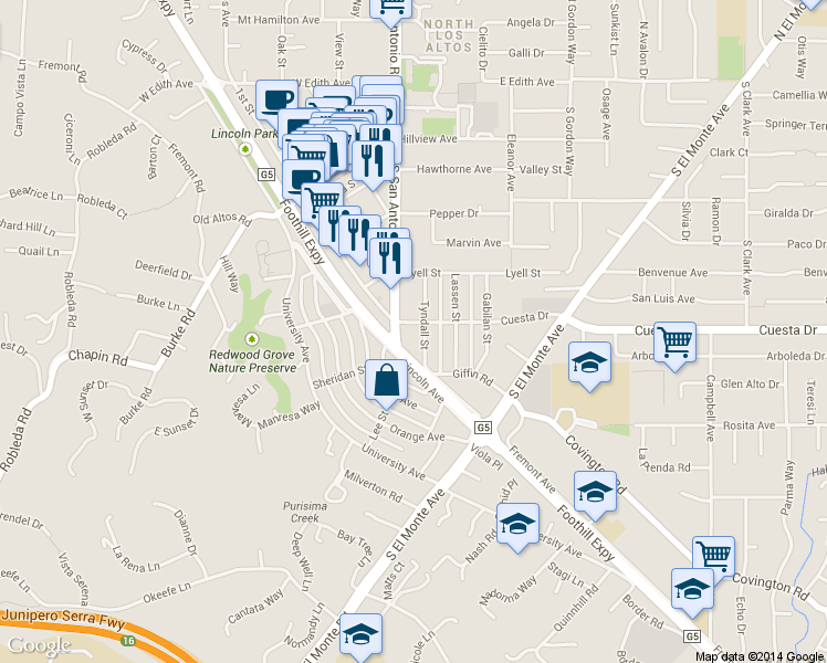 map of restaurants, bars, coffee shops, grocery stores, and more near 522 Tyndall Street in Los Altos