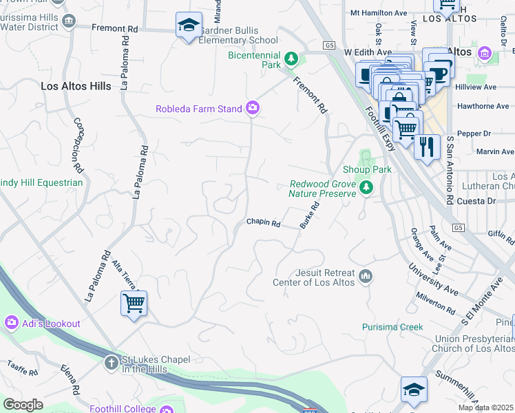 map of restaurants, bars, coffee shops, grocery stores, and more near 25671 Chapin Road in Los Altos Hills
