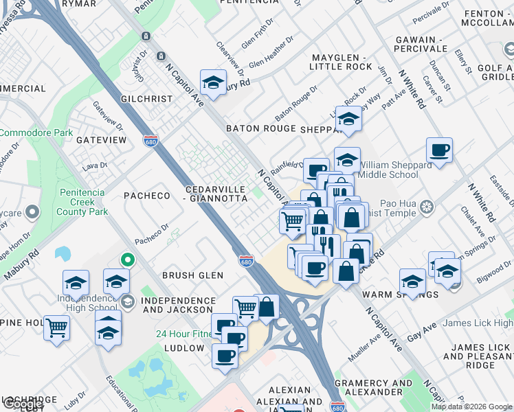 map of restaurants, bars, coffee shops, grocery stores, and more near 2671 Beechnut Drive in San Jose