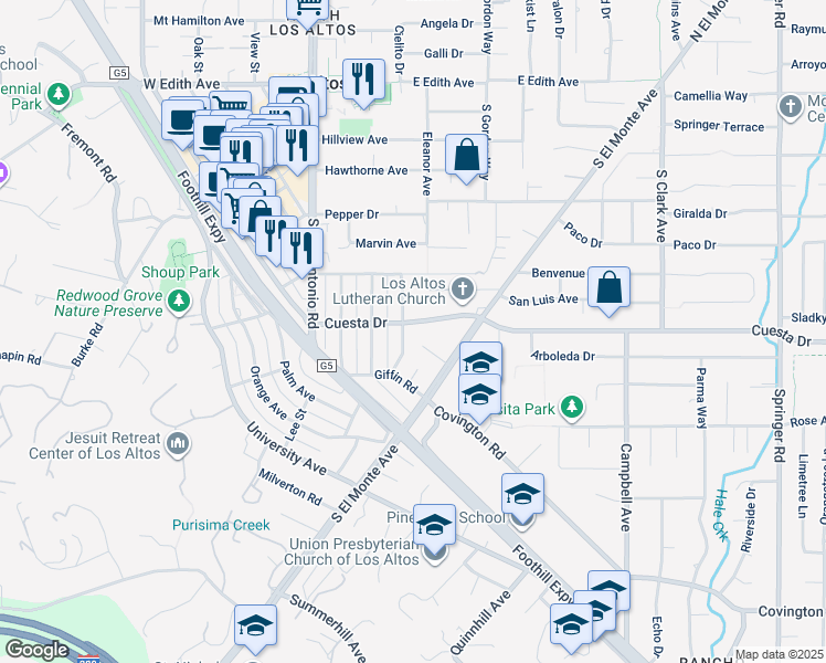 map of restaurants, bars, coffee shops, grocery stores, and more near 488 Gabilan Street in Los Altos