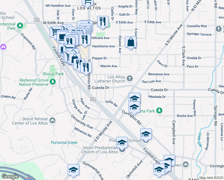 map of restaurants, bars, coffee shops, grocery stores, and more near 488 Gabilan Street in Los Altos