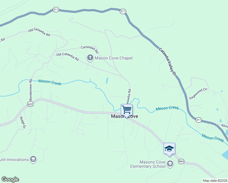map of restaurants, bars, coffee shops, grocery stores, and more near 3662 Old Catawba Rd in Salem