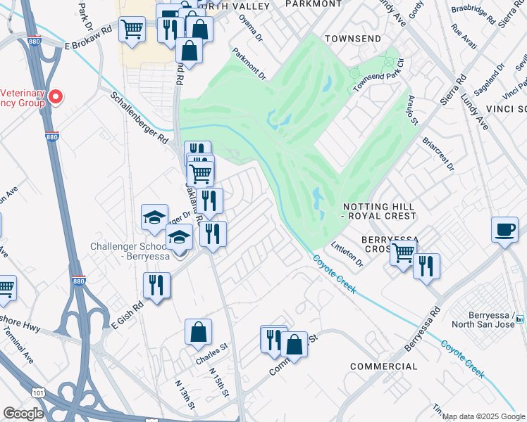 map of restaurants, bars, coffee shops, grocery stores, and more near 1358 Oakland Road in San Jose