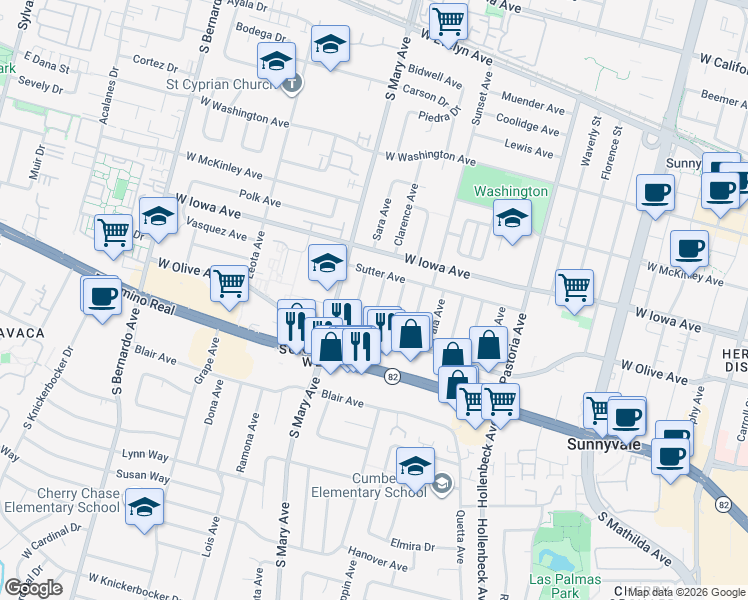 map of restaurants, bars, coffee shops, grocery stores, and more near 439 Novato Avenue in Sunnyvale