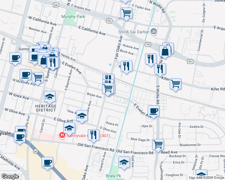 map of restaurants, bars, coffee shops, grocery stores, and more near 180 Elm Court in Sunnyvale