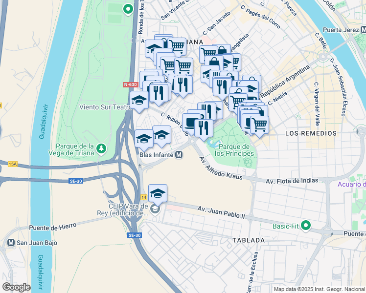 map of restaurants, bars, coffee shops, grocery stores, and more near 12 Avenida Blas Infante in Sevilla