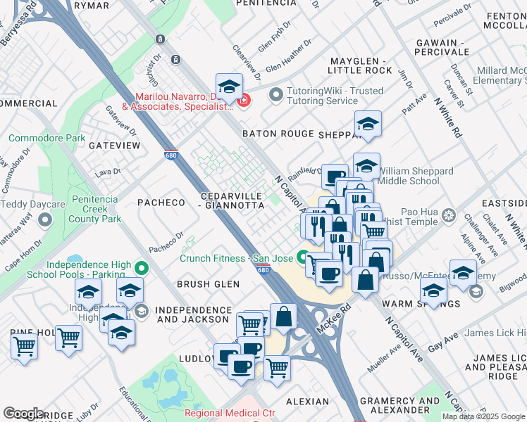 map of restaurants, bars, coffee shops, grocery stores, and more near 2502 Fruit Ranch Loop in San Jose
