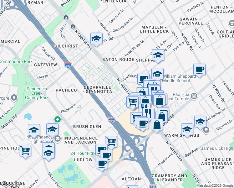 map of restaurants, bars, coffee shops, grocery stores, and more near 706 Fruit Ranch Loop in San Jose